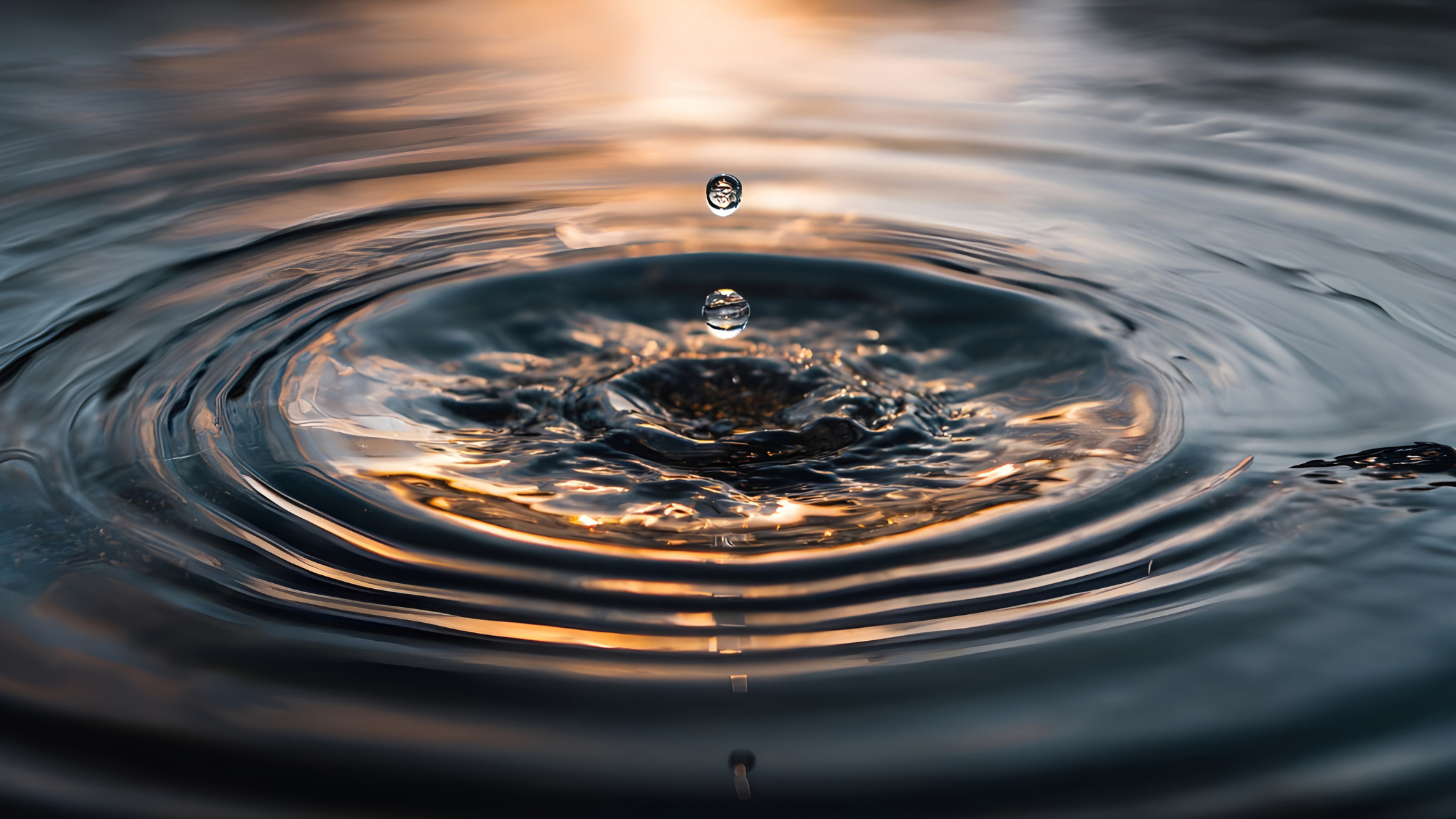 Goutte d'eau et ondes concentriques dans une lumière dorée