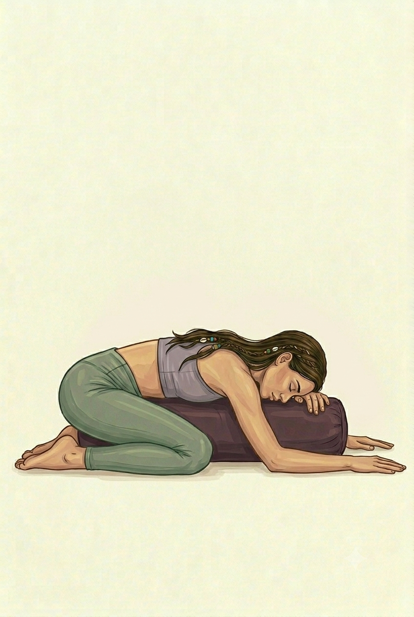 Balasana — la posture de l'enfant, front posé sur un bolster