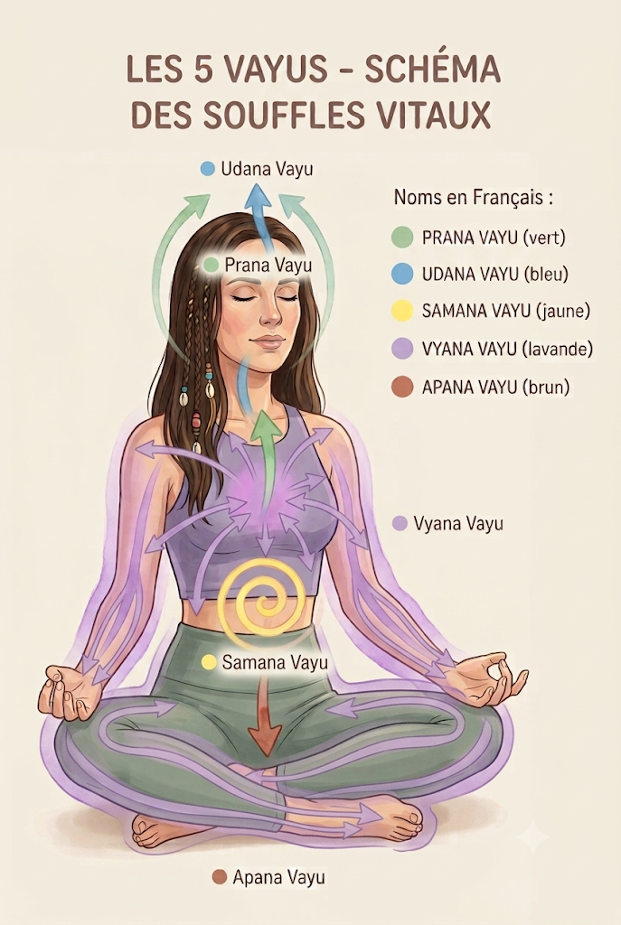 Les cinq vayus dans le corps&nbsp;: prana, udana, samana, vyana et apana